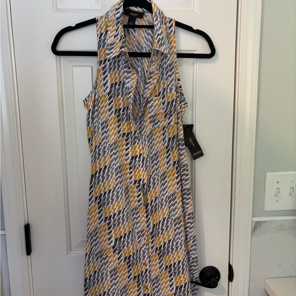 Alfani Sleeveless Geometric Print Shirt Dress in Yellow and Gray